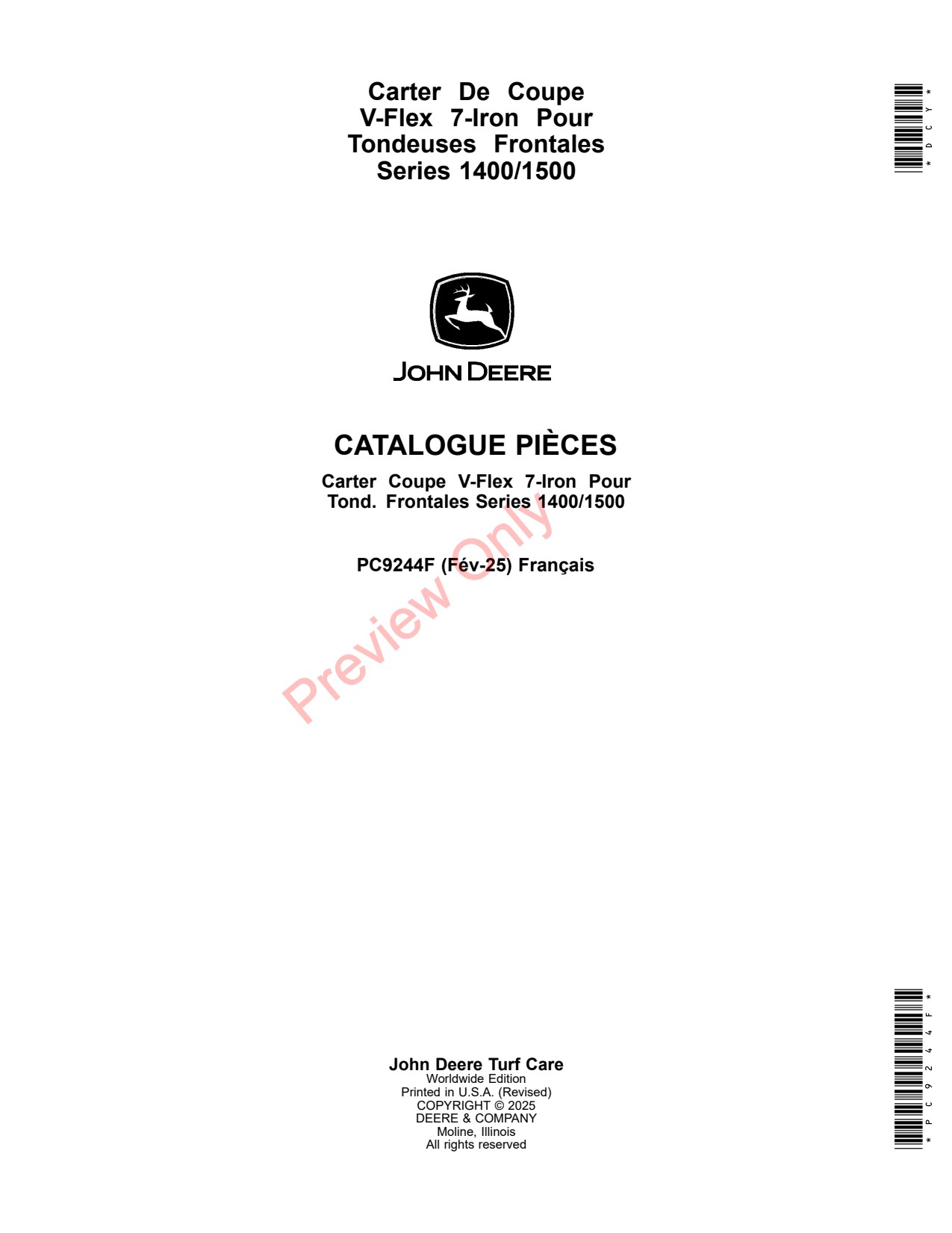 John Deere V-Flex 7-Iron 1400 1500 Front Mower Parts Catalog PC9244F FR 1 John Deere V-Flex 7-Iron 1400 1500 Front Mower Parts Catalog PC9244F FR