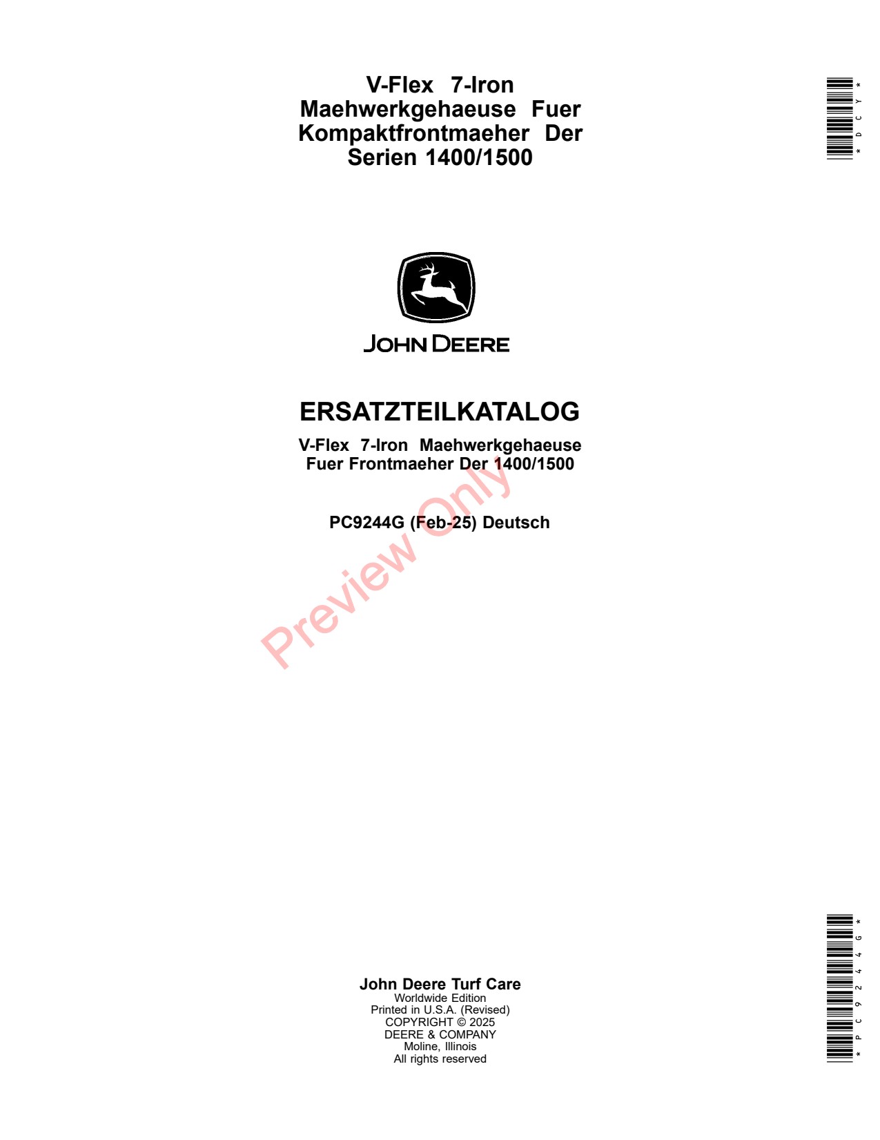 John Deere V-Flex 7-Iron 1400 1500 Front Mower Parts Catalog PC9244G DE 1 John Deere V-Flex 7-Iron 1400 1500 Front Mower Parts Catalog PC9244G DE