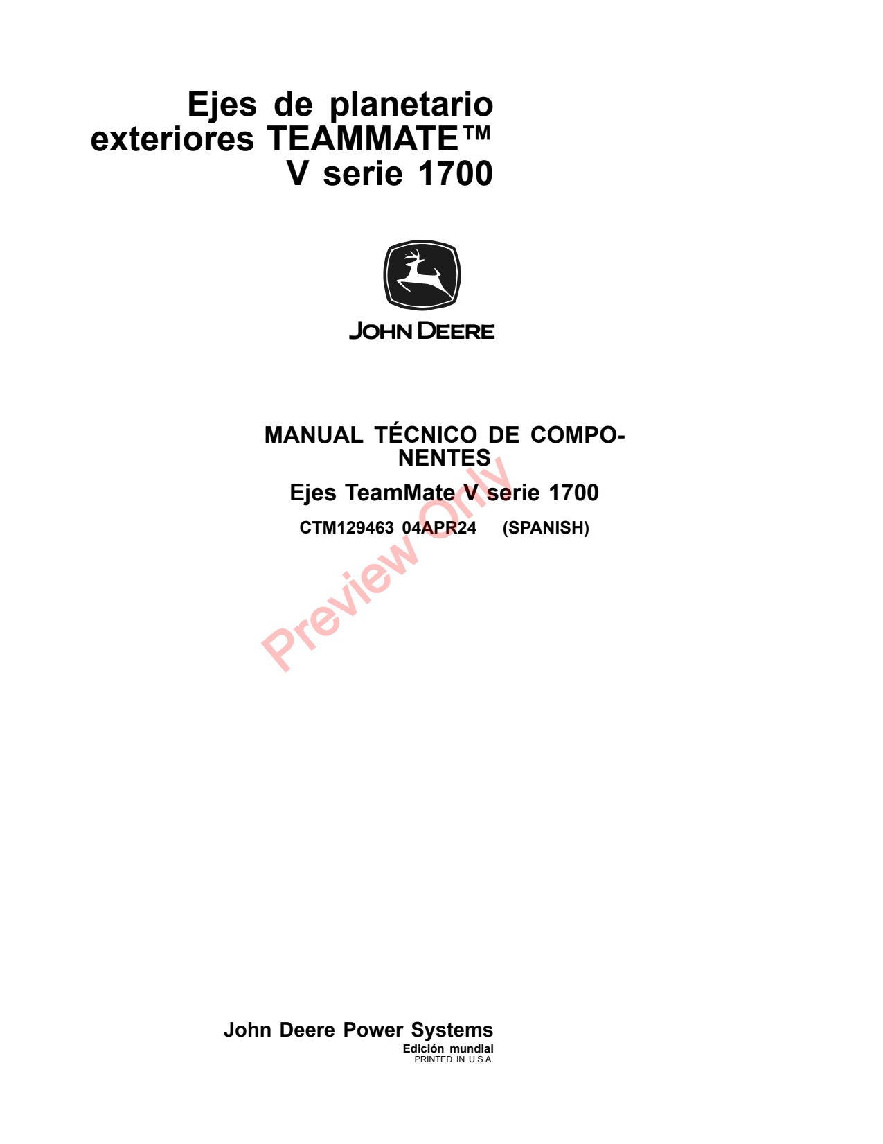 John Deere V1700 1700 Outboard Planetary Axle Component Technical Manual CTM129463 ES 1 John Deere V1700 1700 Outboard Planetary Axle Component Technical Manual CTM129463 ES