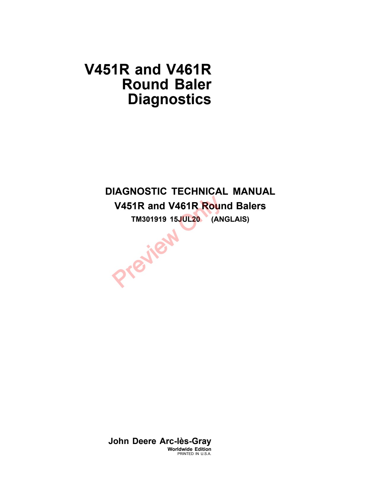 John Deere V451R V461R Round Baler Diagnostic Technical Manual TM301919 1 John Deere V451R V461R Round Baler Diagnostic Technical Manual TM301919