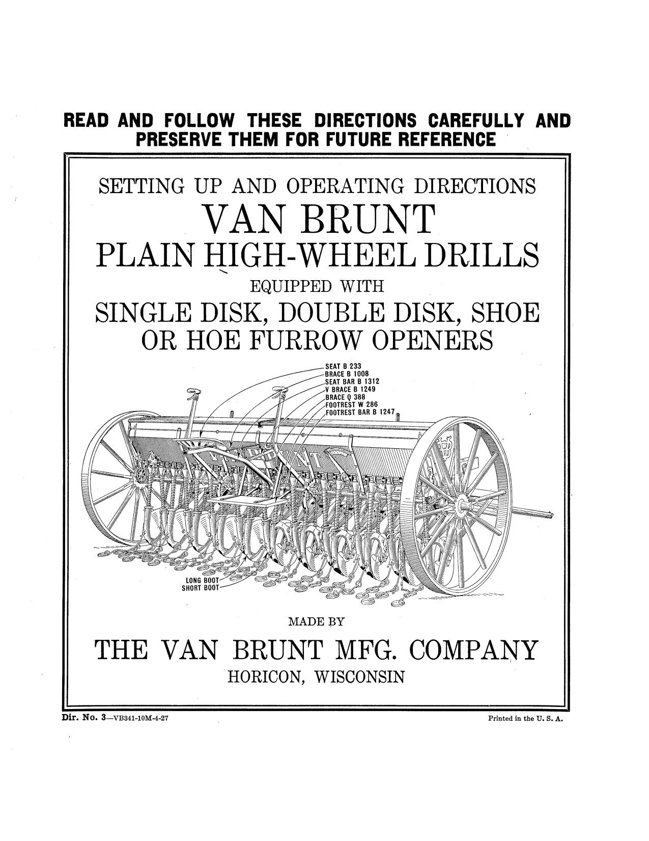 John Deere VAN Brunt Plain High-wheel Drill Operator Manual DIR3A 1 John Deere VAN Brunt Plain High-wheel Drill Operator Manual DIR3A