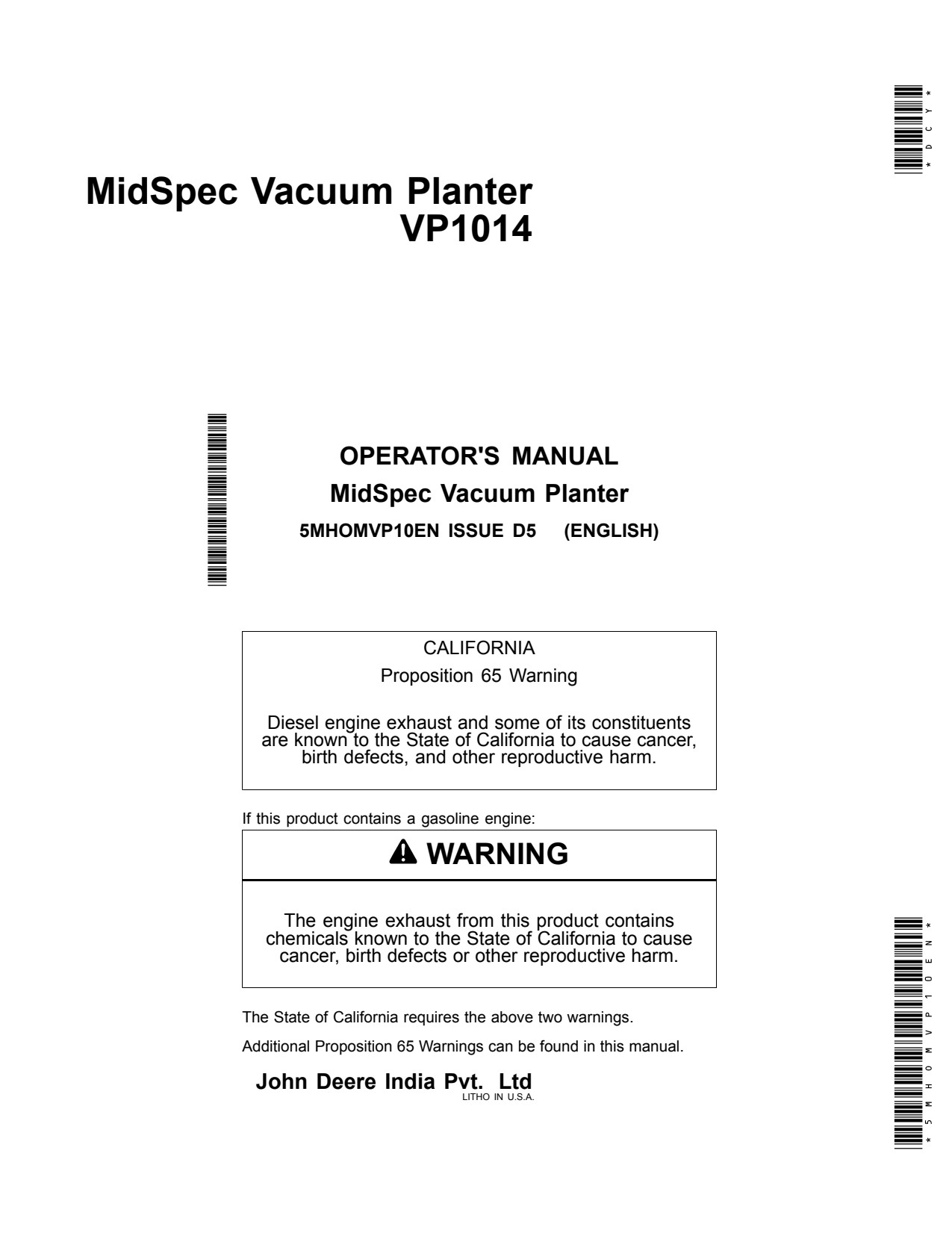 John Deere VP1014 Midspec Vacuum Planter Operator Manual 5MHOMVP10EN 1 John Deere VP1014 Midspec Vacuum Planter Operator Manual 5MHOMVP10EN