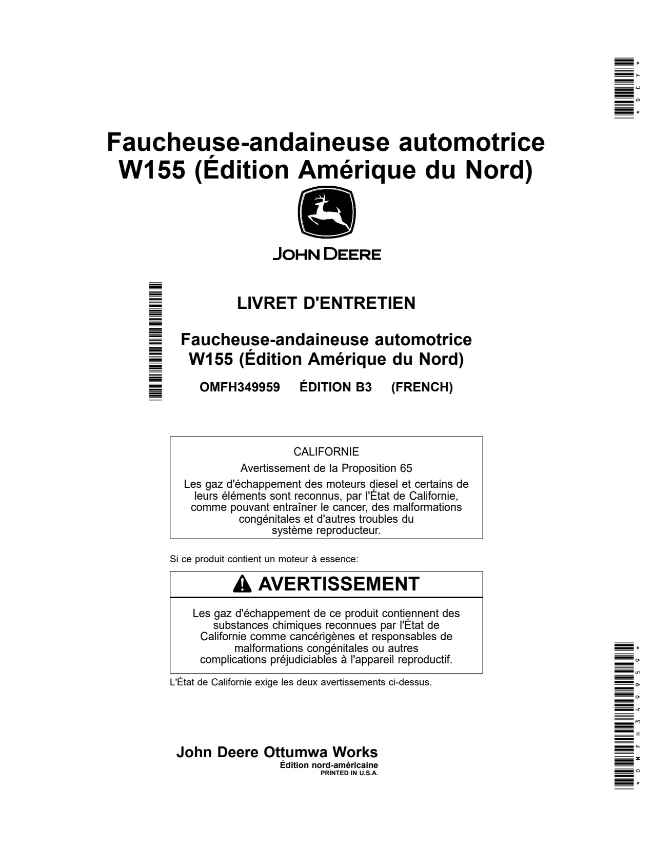 John Deere W155 Self-propelled Windrower Operator Manual OMFH349959 FR 1 John Deere W155 Self-propelled Windrower Operator Manual OMFH349959 FR