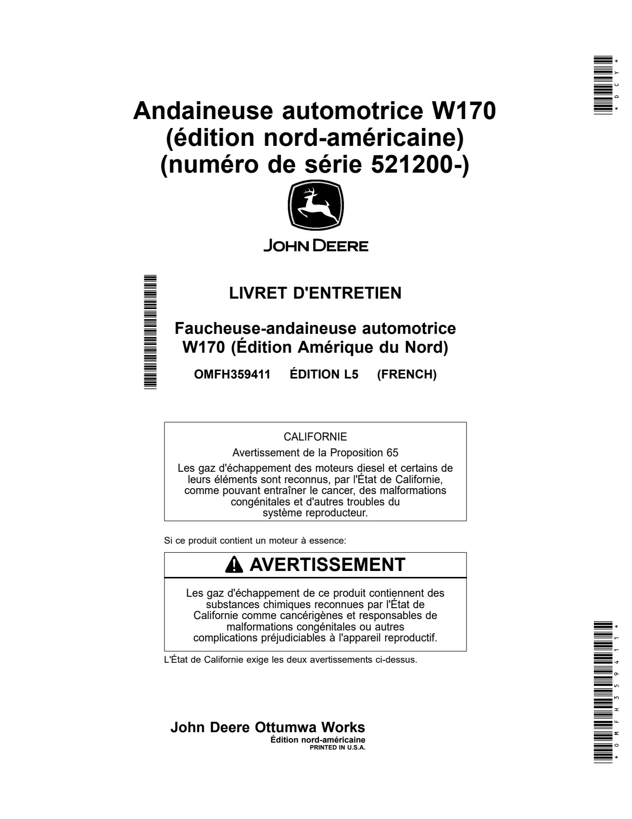 John Deere W170 Self-propelled Windrower Operator Manual OMFH359411 FR 1 John Deere W170 Self-propelled Windrower Operator Manual OMFH359411 FR