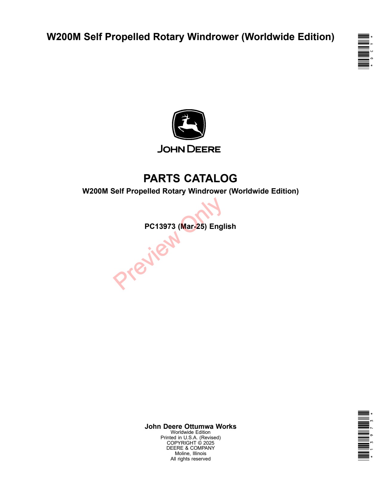 John Deere W200M Self-propelled Rotary Windrower Parts Catalog PC13973 1 John Deere W200M Self-propelled Rotary Windrower Parts Catalog PC13973