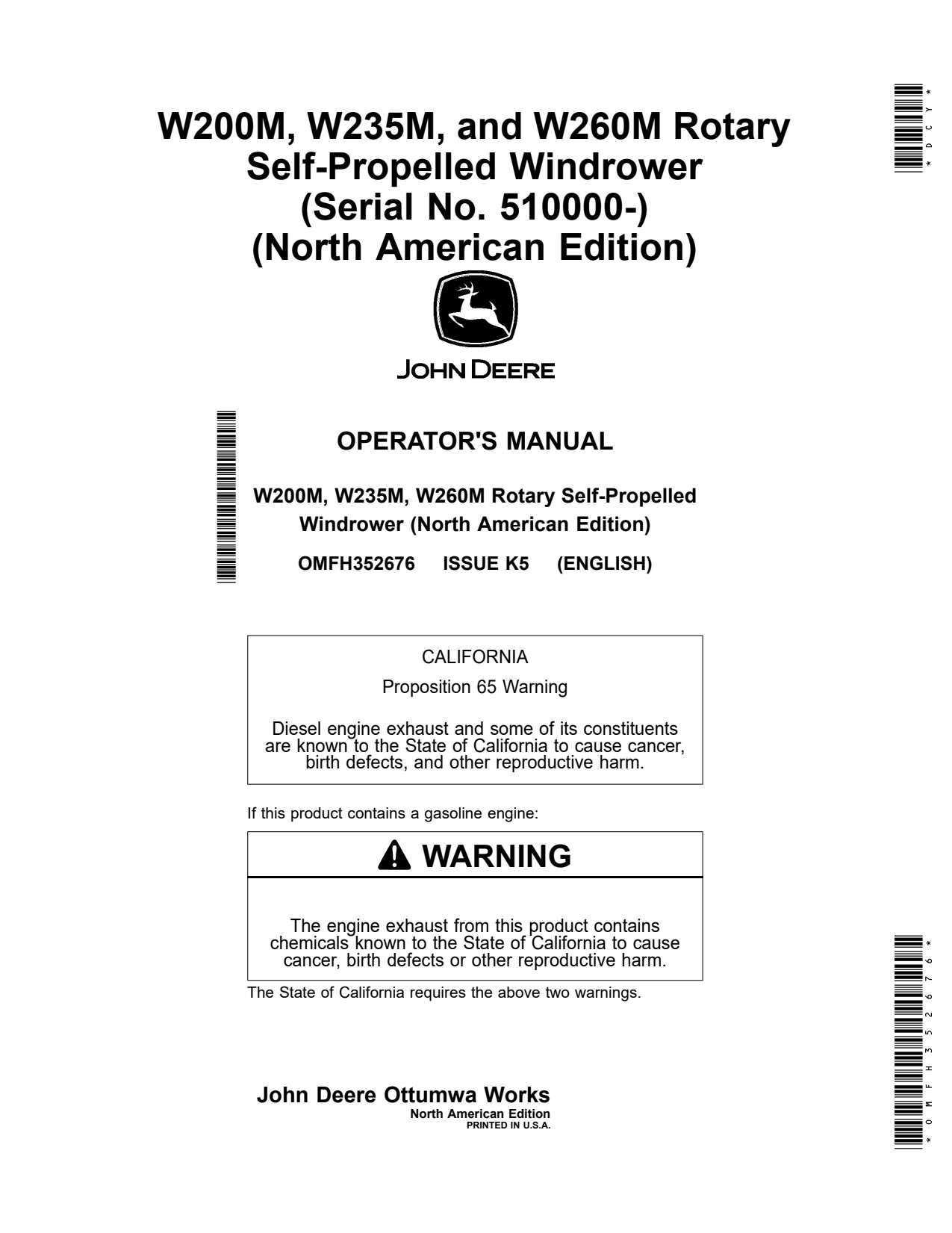 John Deere W200M W235M W260M Rotary Self-propelled Windrower Operator Manual OMFH352676 1 John Deere W200M W235M W260M Rotary Self-propelled Windrower Operator Manual OMFH352676
