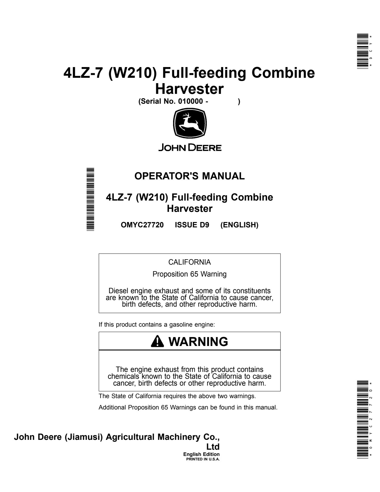 John Deere W210 4LZ-7 W210 4LZ Full-feeding Combine Harvester Operator Manual OMYC27720 1 John Deere W210 4LZ-7 W210 4LZ Full-feeding Combine Harvester Operator Manual OMYC27720