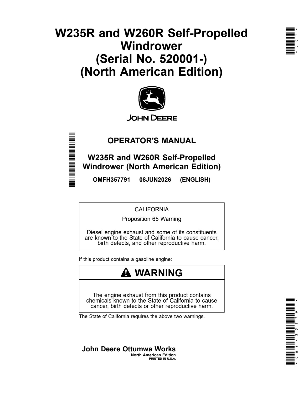John Deere W235R W260R Self-propelled Windrower Operator Manual OMFH357791 1 John Deere W235R W260R Self-propelled Windrower Operator Manual OMFH357791