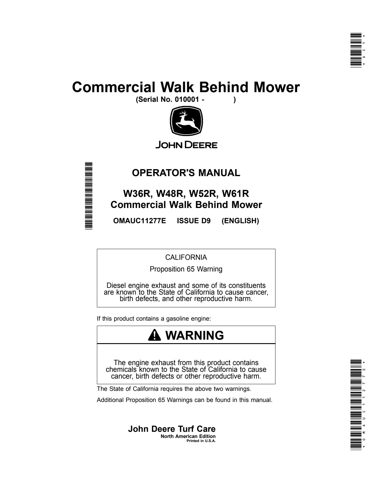John Deere W36R W48R W52R W61R Walk Behind Mower Operator Manual OMAUC11277E 1 John Deere W36R W48R W52R W61R Walk Behind Mower Operator Manual OMAUC11277E