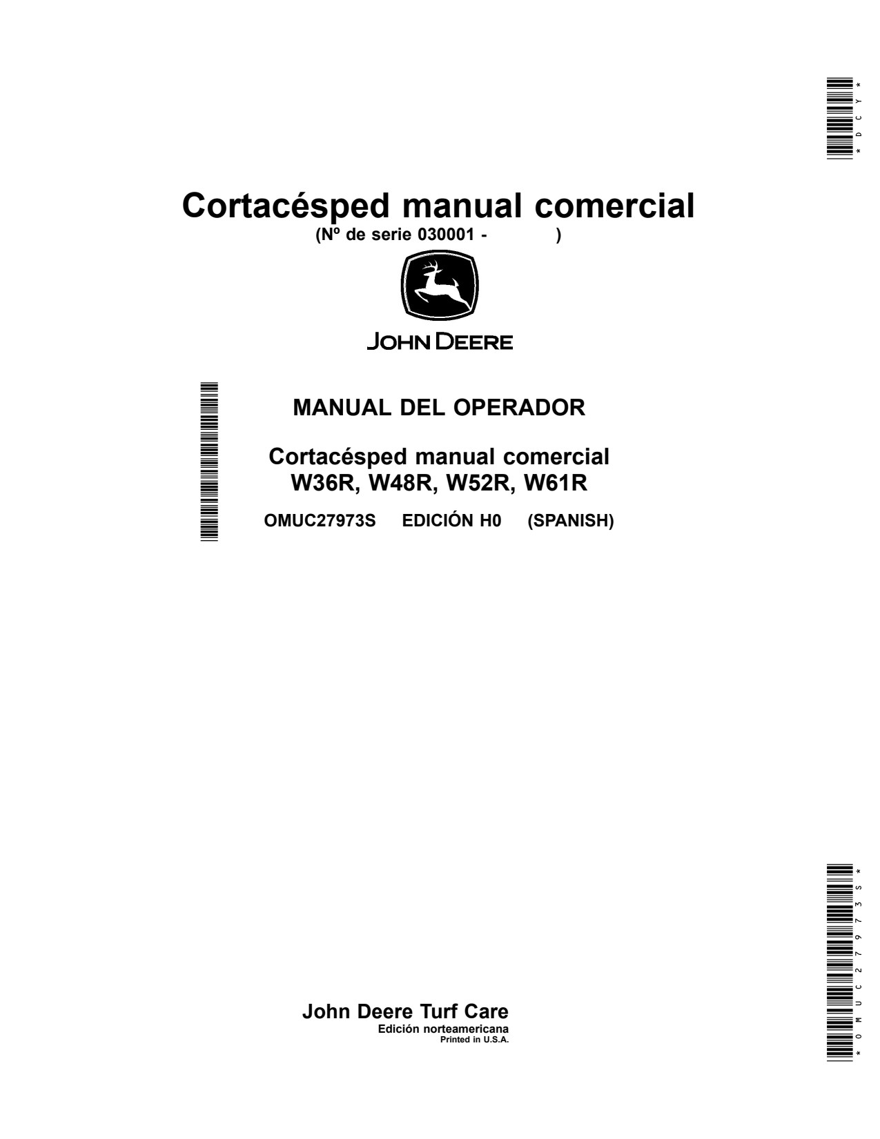 John Deere W36R W48R W52R W61R Walk Behind Mower Operator Manual OMUC27973S ES 1 John Deere W36R W48R W52R W61R Walk Behind Mower Operator Manual OMUC27973S ES