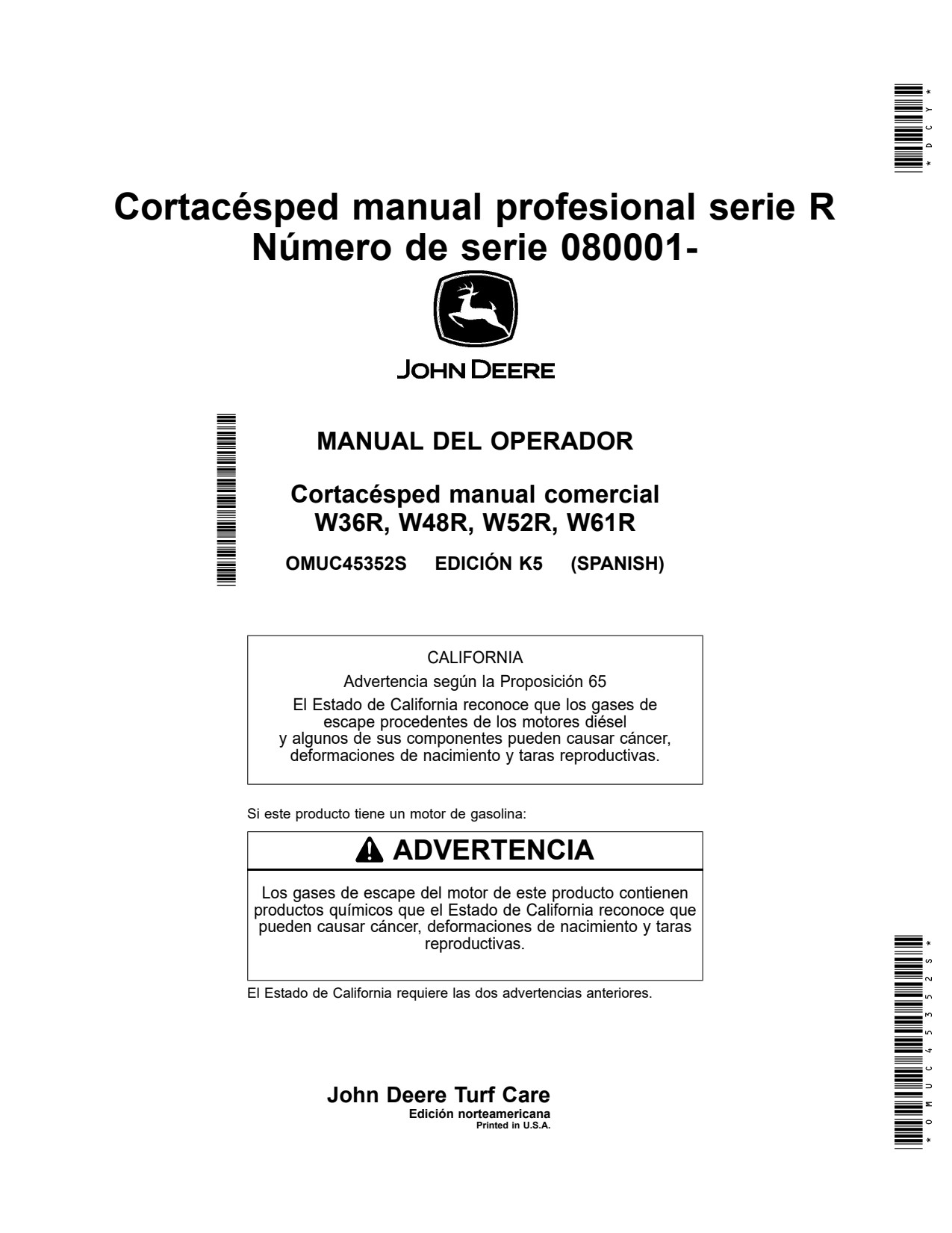 John Deere W36R W48R W52R Walk Behind Mower Operator Manual OMUC45352S ES 1 John Deere W36R W48R W52R Walk Behind Mower Operator Manual OMUC45352S ES