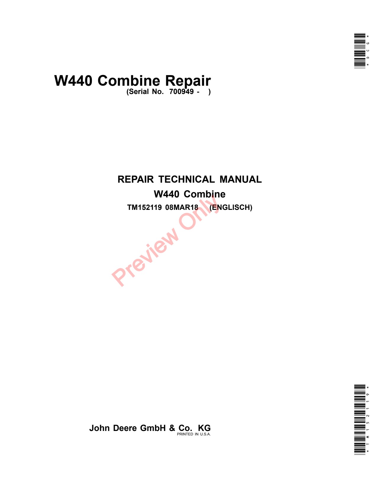 John Deere W440 Combine Repair Diagnostic Technical Manual TM152119 1 John Deere W440 Combine Repair Diagnostic Technical Manual TM152119