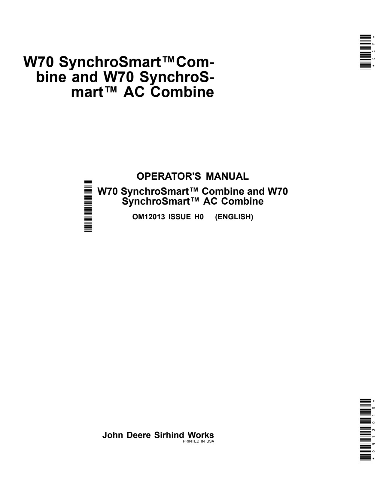 John Deere W70 AC Combine Operator Manual OM12013 1 John Deere W70 AC Combine Operator Manual OM12013