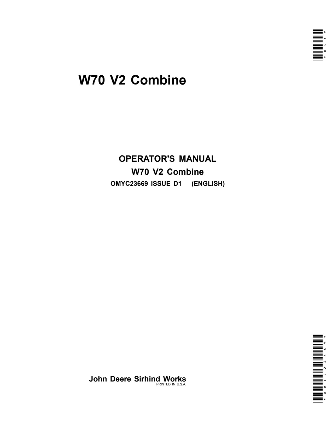 John Deere W70 V2 Combine Operator Manual OMYC23669 1 John Deere W70 V2 Combine Operator Manual OMYC23669