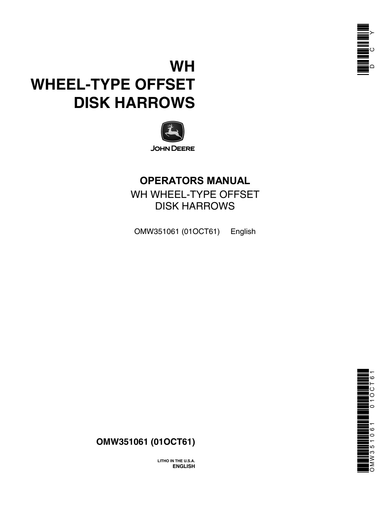 John Deere WH53 WH60 WH83 WH90 Wheel-type Offset Disk Harrow Operator Manual OMW351061 1 John Deere WH53 WH60 WH83 WH90 Wheel-type Offset Disk Harrow Operator Manual OMW351061