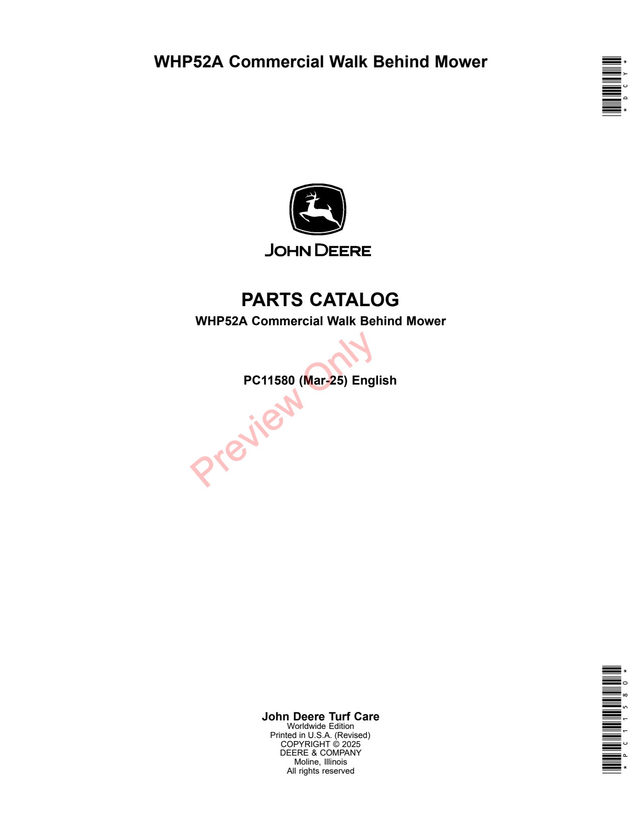 John Deere WHP52A Commercial Walk Behind Mower Parts Catalog PC11580 1 John Deere WHP52A Commercial Walk Behind Mower Parts Catalog PC11580