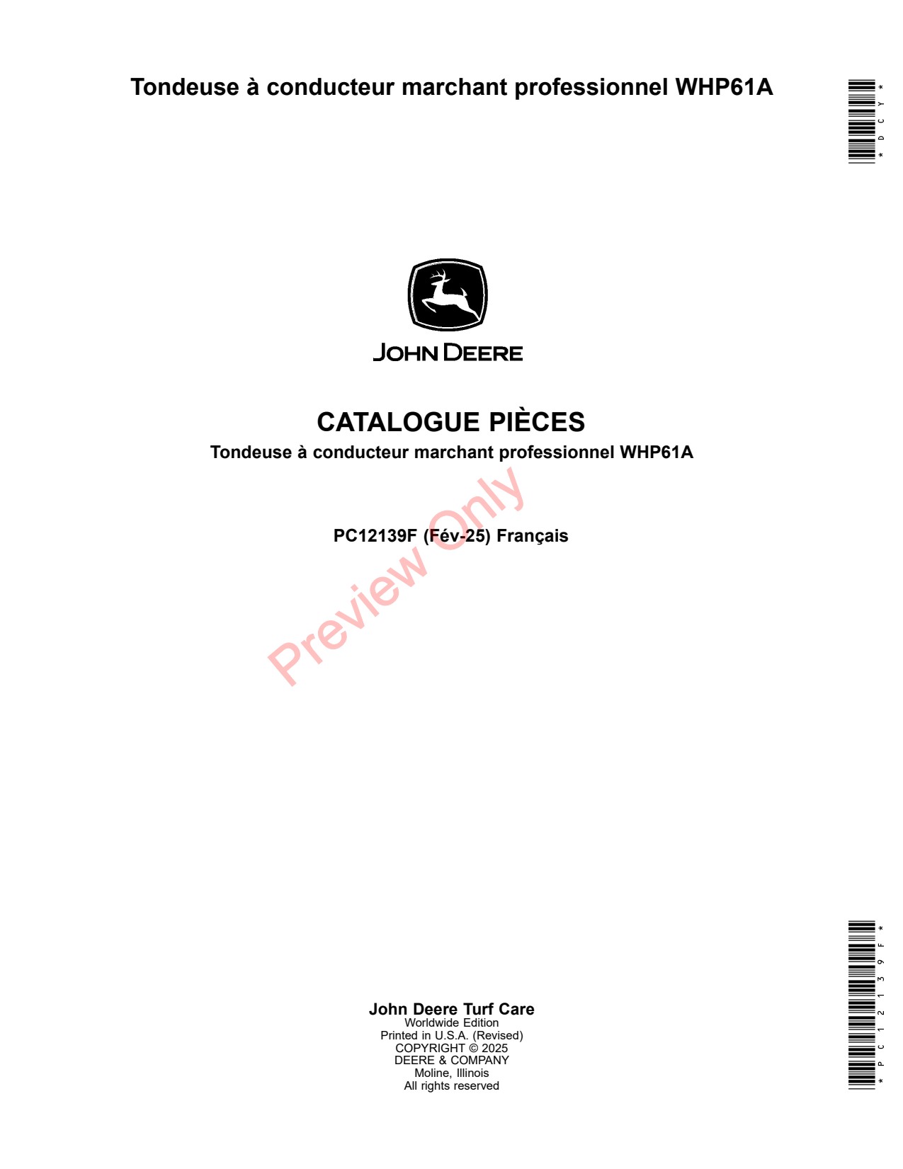John Deere WHP61A Walk Behind Mower Parts Catalog PC12139F FR 1 John Deere WHP61A Walk Behind Mower Parts Catalog PC12139F FR