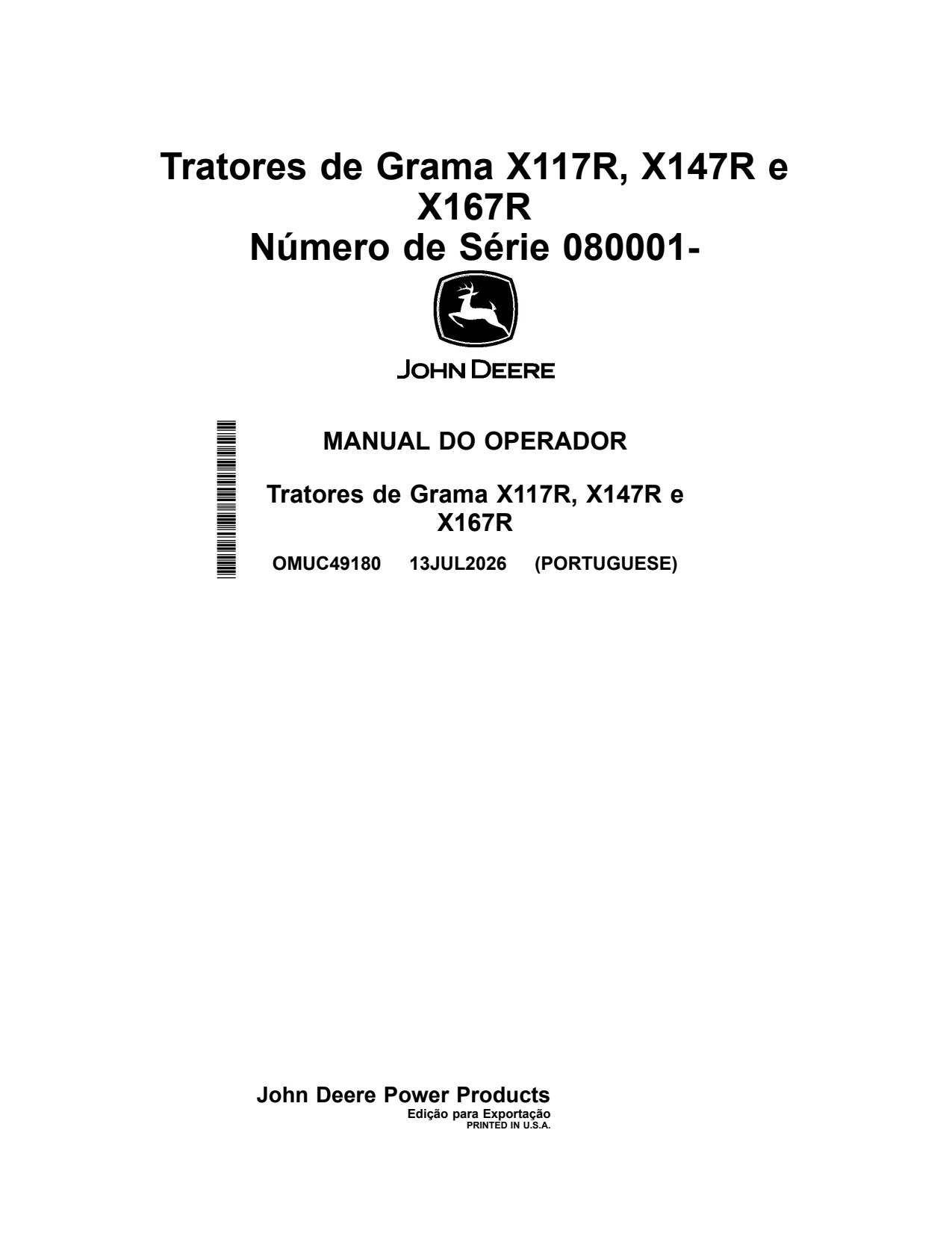 John Deere X117R X147R X167R Lawn Tractor Operator Manual OMUC49180 PT 1 John Deere X117R X147R X167R Lawn Tractor Operator Manual OMUC49180 PT