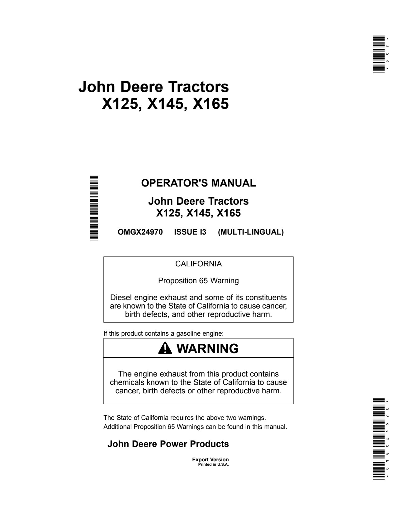 John Deere X125 to X165 Tractor Operator Manual OMGX24970 1 John Deere X125 to X165 Tractor Operator Manual OMGX24970