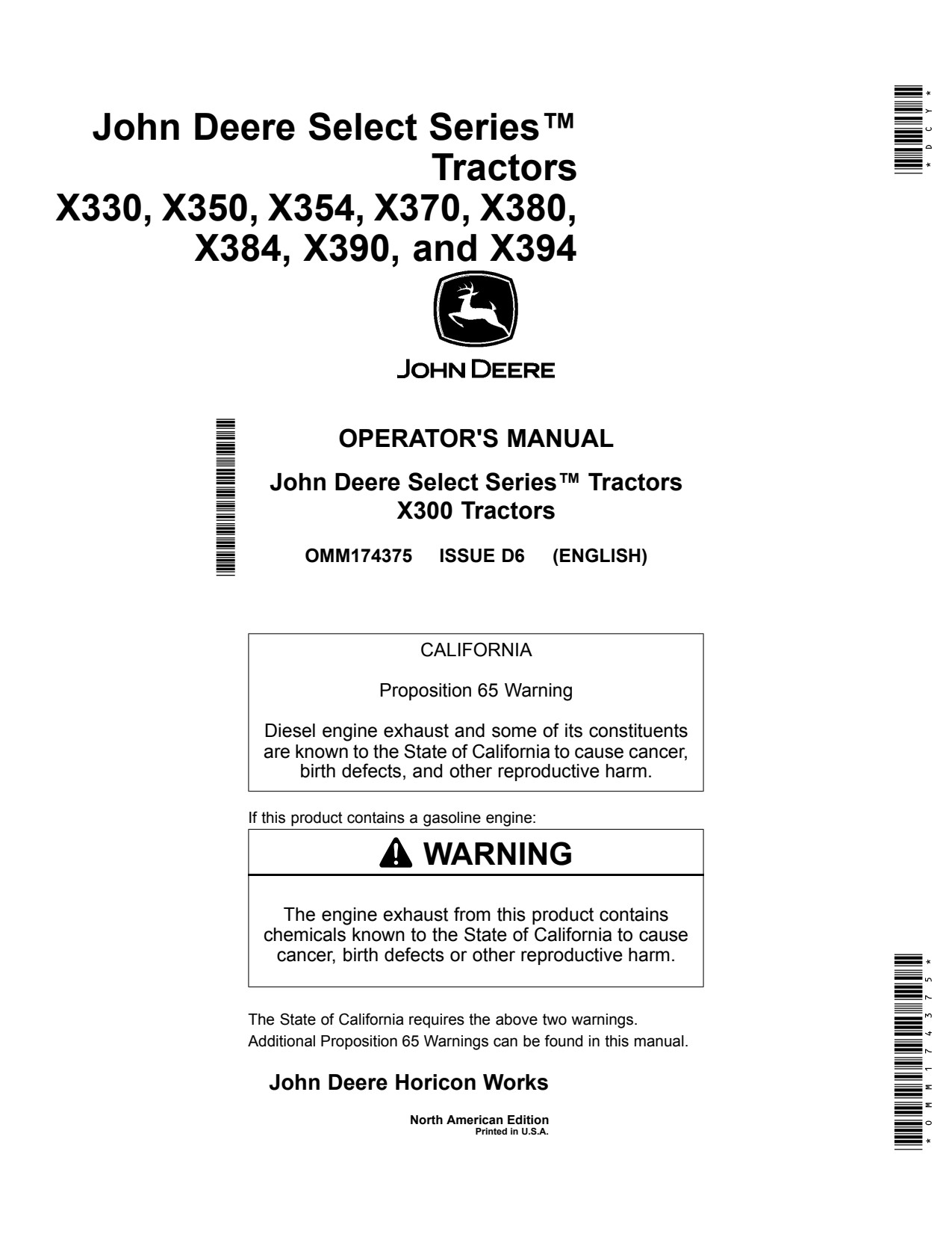 John Deere X330 X350 X354 X370 X380 X384 X390 X394 Tractor Operator Manual OMM174375 1 John Deere X330 X350 X354 X370 X380 X384 X390 X394 Tractor Operator Manual OMM174375