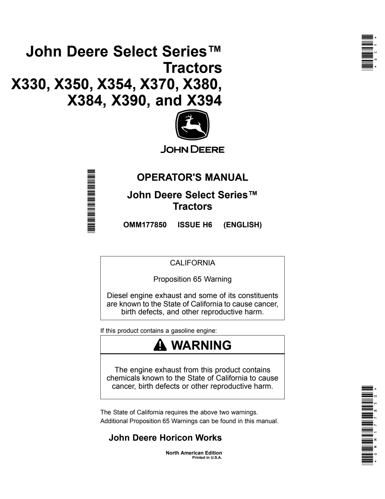 John Deere X330 X350 X354 X370 X380 X384 X390 X394 Tractor Operator Manual OMM177850 1 John Deere X330 X350 X354 X370 X380 X384 X390 X394 Tractor Operator Manual OMM177850