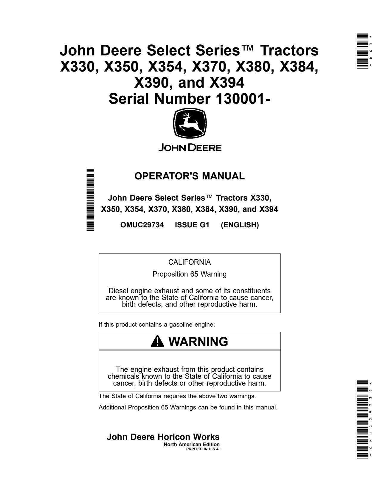 John Deere X330 X350 X354 X370 X380 X384 X390 X394 Tractor Operator Manual OMUC29734 1 John Deere X330 X350 X354 X370 X380 X384 X390 X394 Tractor Operator Manual OMUC29734