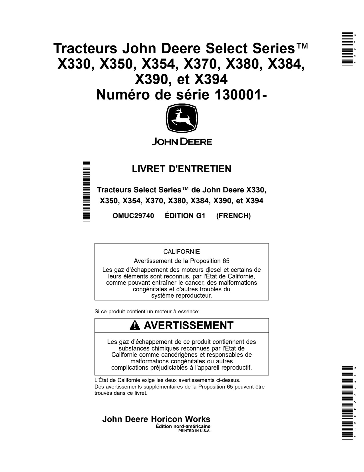 John Deere X330 X350 X354 X370 X380 X384 X390 X394 Tractor Operator Manual OMUC29740 FR 1 John Deere X330 X350 X354 X370 X380 X384 X390 X394 Tractor Operator Manual OMUC29740 FR