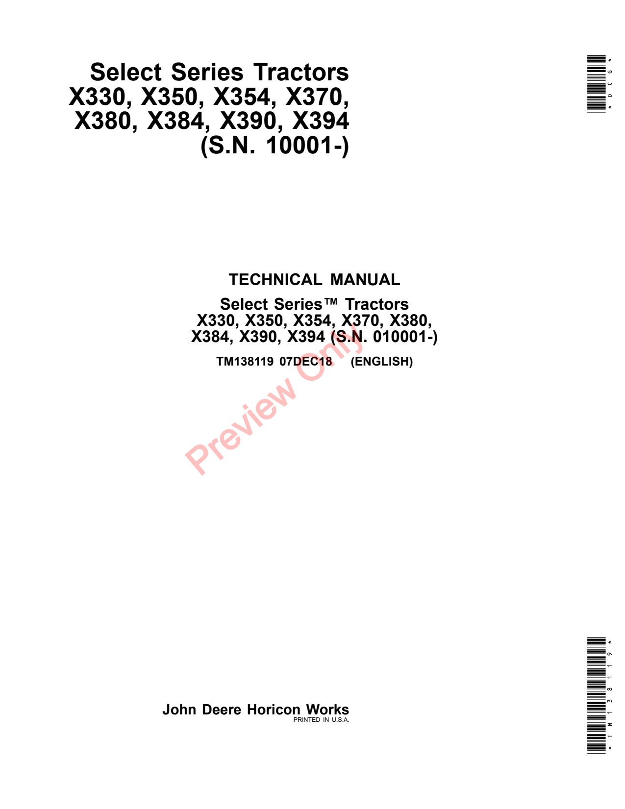 John Deere X330 X350 X354 X370 X380 X384 X390 X394 Tractor Technical Manual TM138119 1 John Deere X330 X350 X354 X370 X380 X384 X390 X394 Tractor Technical Manual TM138119