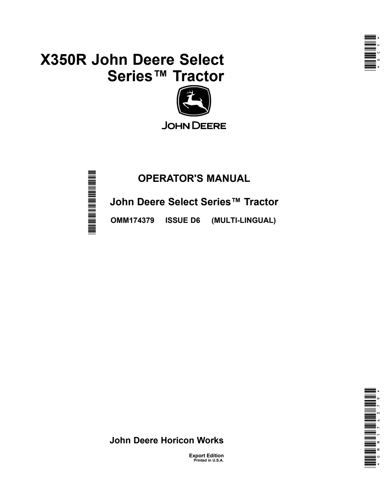 John Deere X350R Tractor Operator Manual OMM174379 1 John Deere X350R Tractor Operator Manual OMM174379