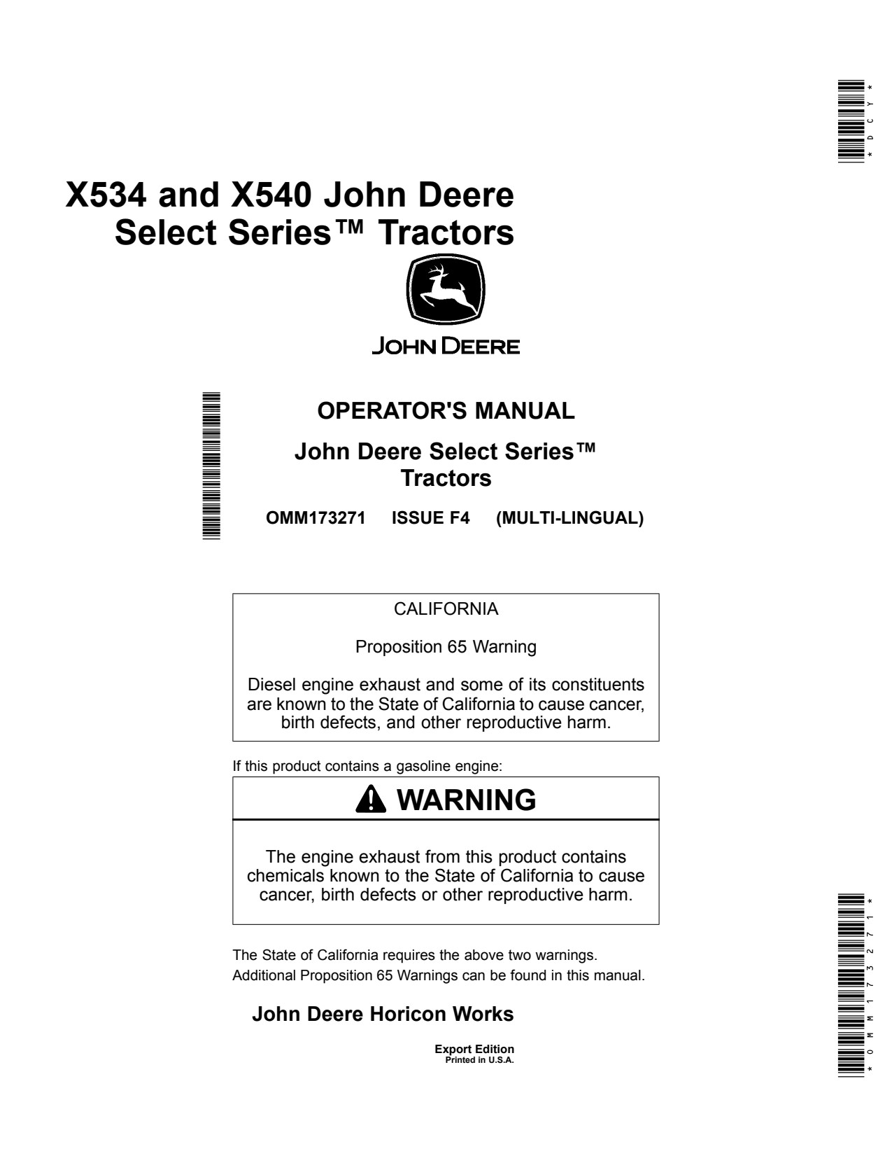 John Deere X534 X540 Tractor Operator Manual OMM173271 ES 1 John Deere X534 X540 Tractor Operator Manual OMM173271 ES
