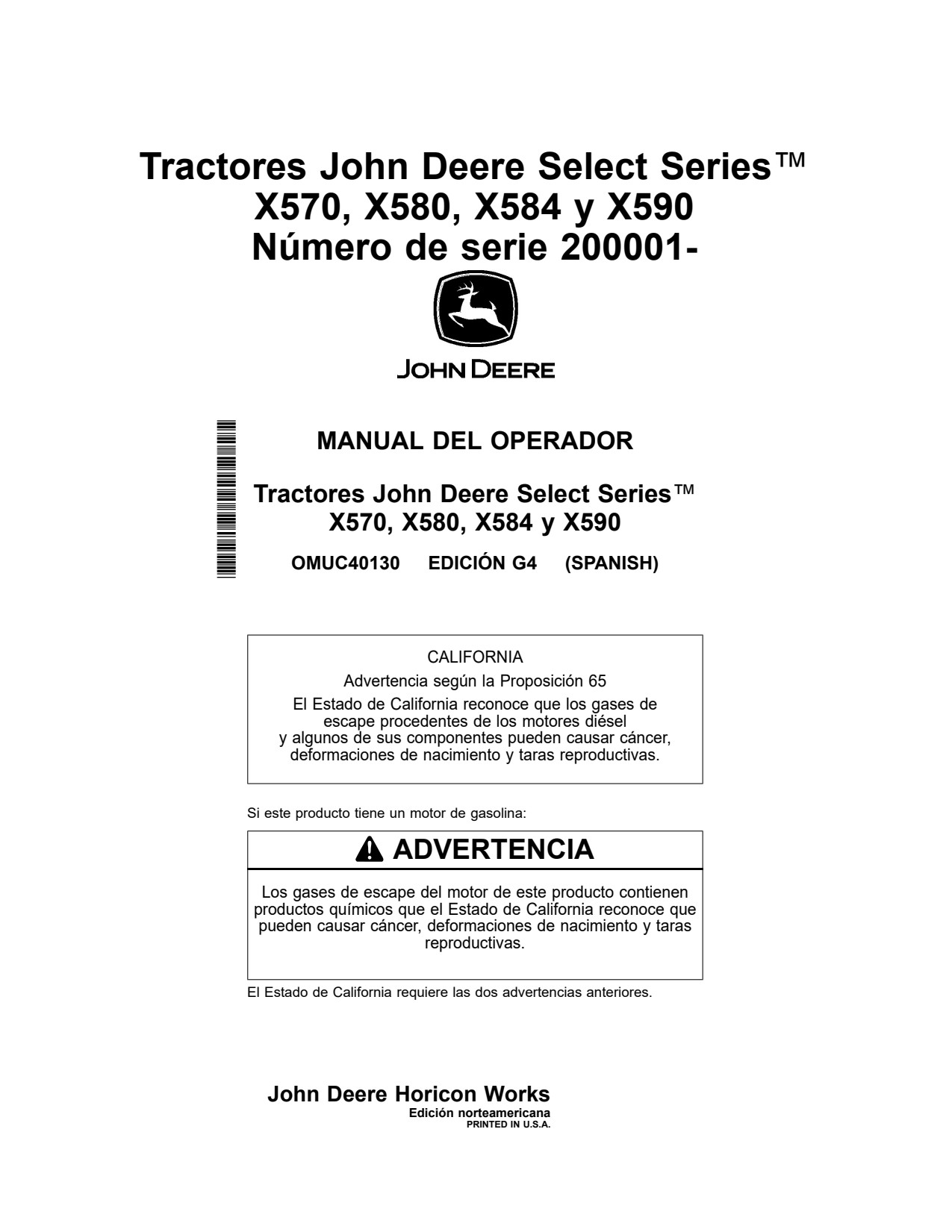 John Deere X570 X580 X584 X590 Tractor Operator Manual OMUC40130 ES 1 John Deere X570 X580 X584 X590 Tractor Operator Manual OMUC40130 ES