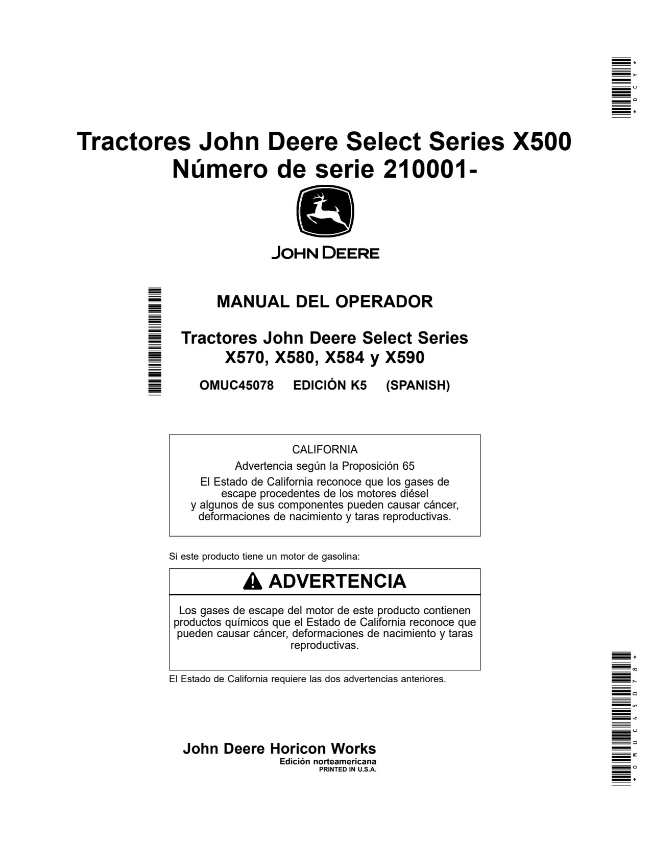 John Deere X570 X580 X584 X590 X500 Tractor Operator Manual OMUC45078 ES 1 John Deere X570 X580 X584 X590 X500 Tractor Operator Manual OMUC45078 ES