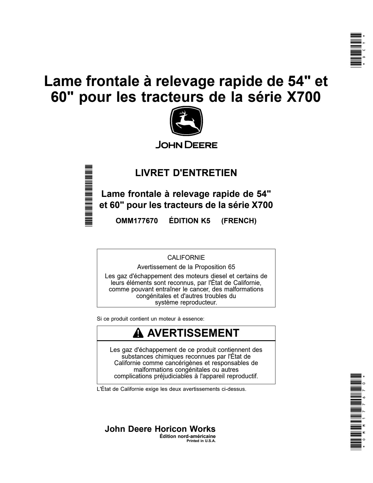 John Deere X710 X730 to X738 X739 X750 X758 54 60 X700 High Capacity Mower Operator Manual OMM177670 FR 1 John Deere X710 X730 to X738 X739 X750 X758 54 60 X700 High Capacity Mower Operator Manual OMM177670 FR