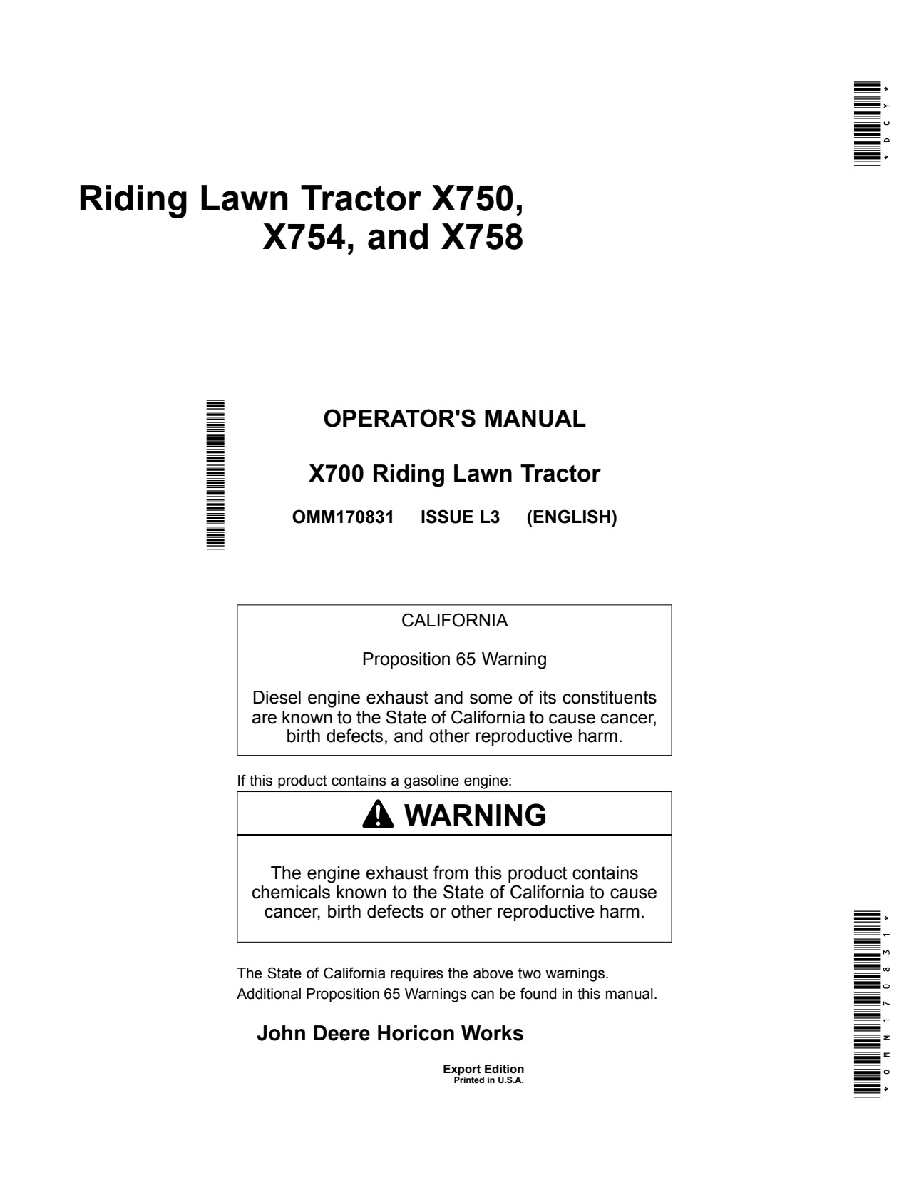 John Deere X750 to X758 Garden Tractor Operator Manual OMM170831 1 John Deere X750 to X758 Garden Tractor Operator Manual OMM170831