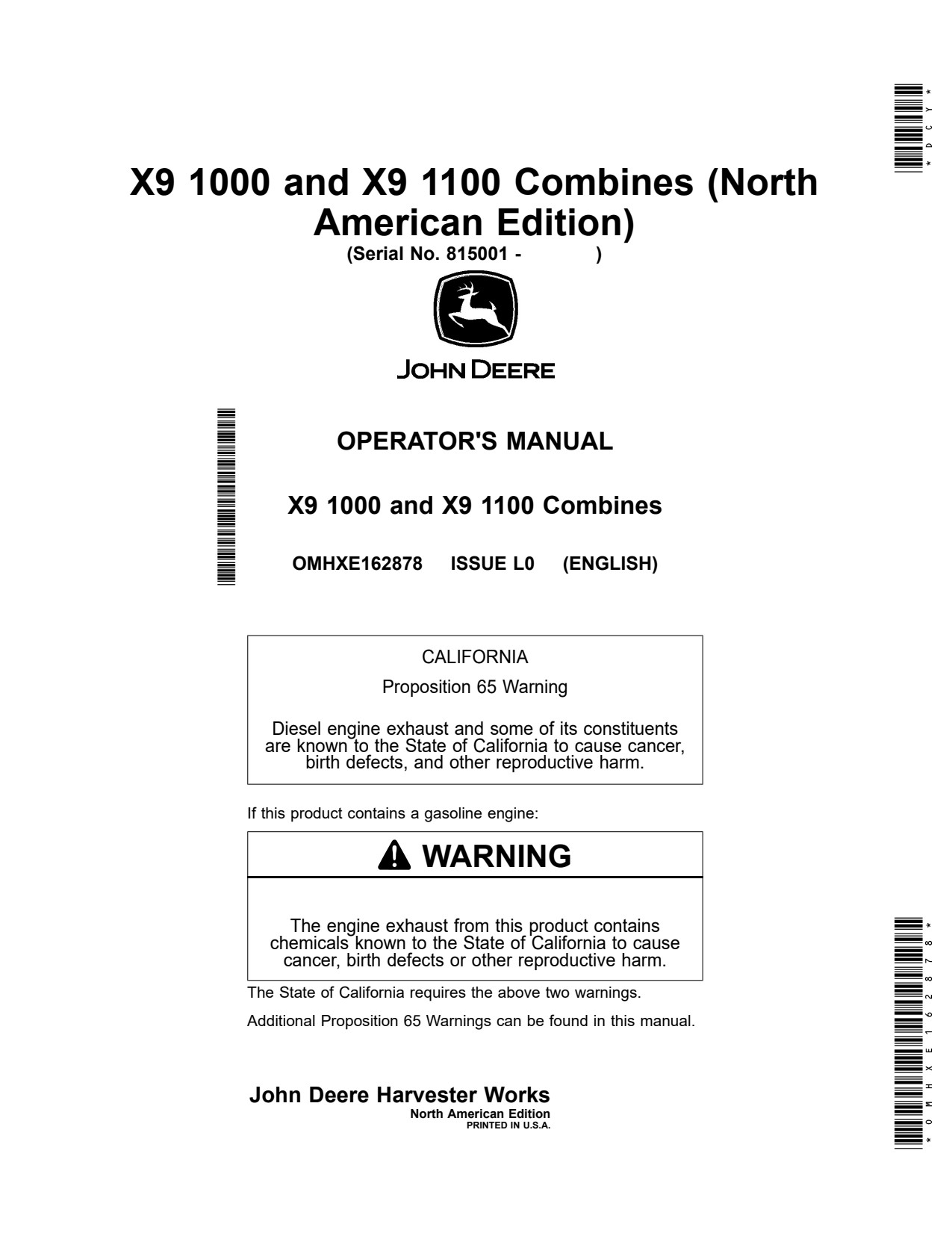 John Deere X9 1000 1100 Combine Operator Manual OMHXE162878 1 John Deere X9 1000 1100 Combine Operator Manual OMHXE162878