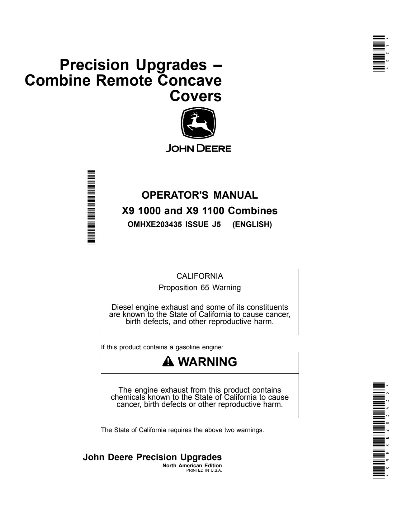 John Deere X9 1000 1100 Combine Remote Concave Covers Operator Manual OMHXE203435 1 John Deere X9 1000 1100 Combine Remote Concave Covers Operator Manual OMHXE203435