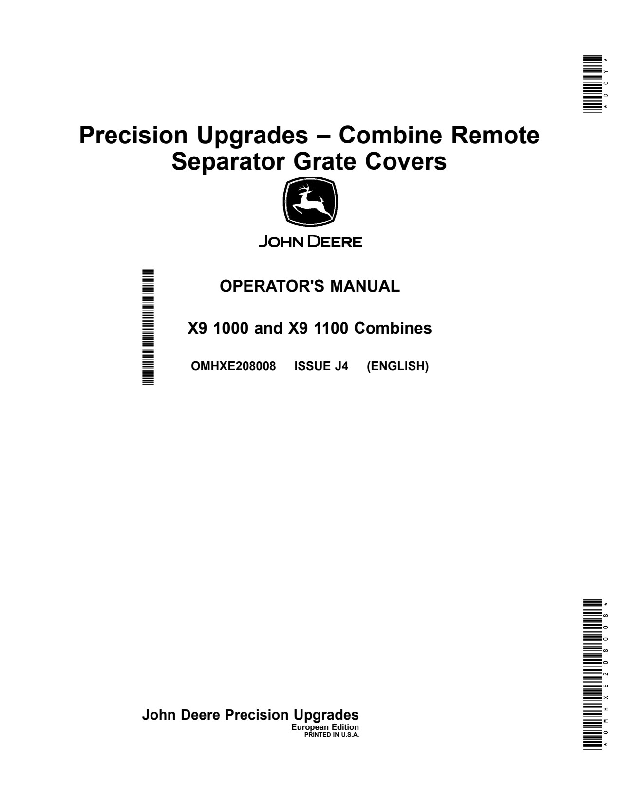 John Deere X9 1000 1100 Combine Remote Separator Grate Covers Operator Manual OMHXE208008 1 John Deere X9 1000 1100 Combine Remote Separator Grate Covers Operator Manual OMHXE208008