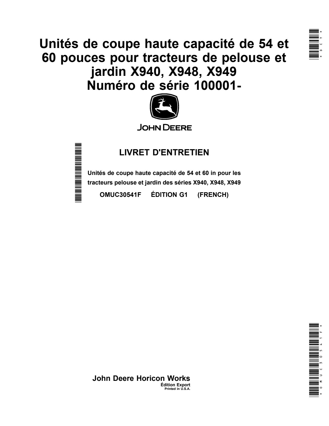 John Deere X940 X948 X949 54 Inch 60 High Capacity Mower Operator Manual OMUC30541F FR 1 John Deere X940 X948 X949 54 Inch 60 High Capacity Mower Operator Manual OMUC30541F FR