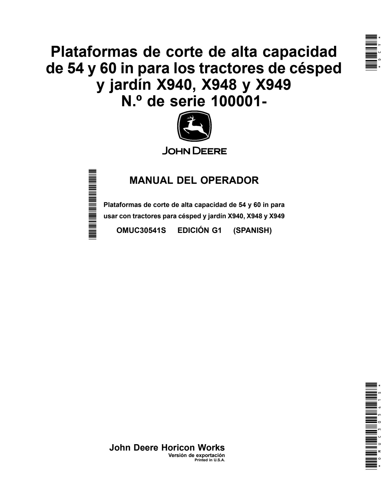 John Deere X940 X948 X949 54 Inch 60 High Capacity Mower Operator Manual OMUC30541S ES 1 John Deere X940 X948 X949 54 Inch 60 High Capacity Mower Operator Manual OMUC30541S ES