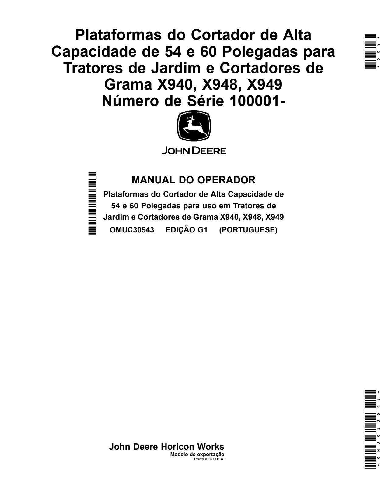 John Deere X940 X948 X949 54 Inch 60 High Capacity Mower Operator Manual OMUC30543 PT 1 John Deere X940 X948 X949 54 Inch 60 High Capacity Mower Operator Manual OMUC30543 PT