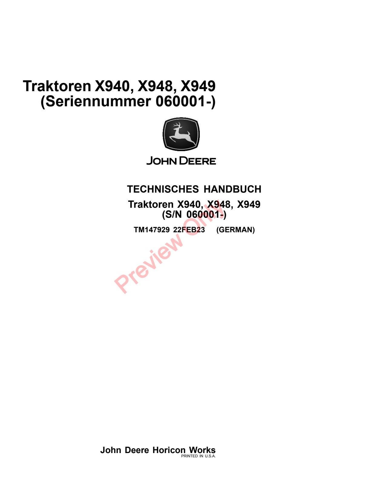 John Deere X940 X948 X949 Tractor Technical Manual TM147929 DE 1 John Deere X940 X948 X949 Tractor Technical Manual TM147929 DE