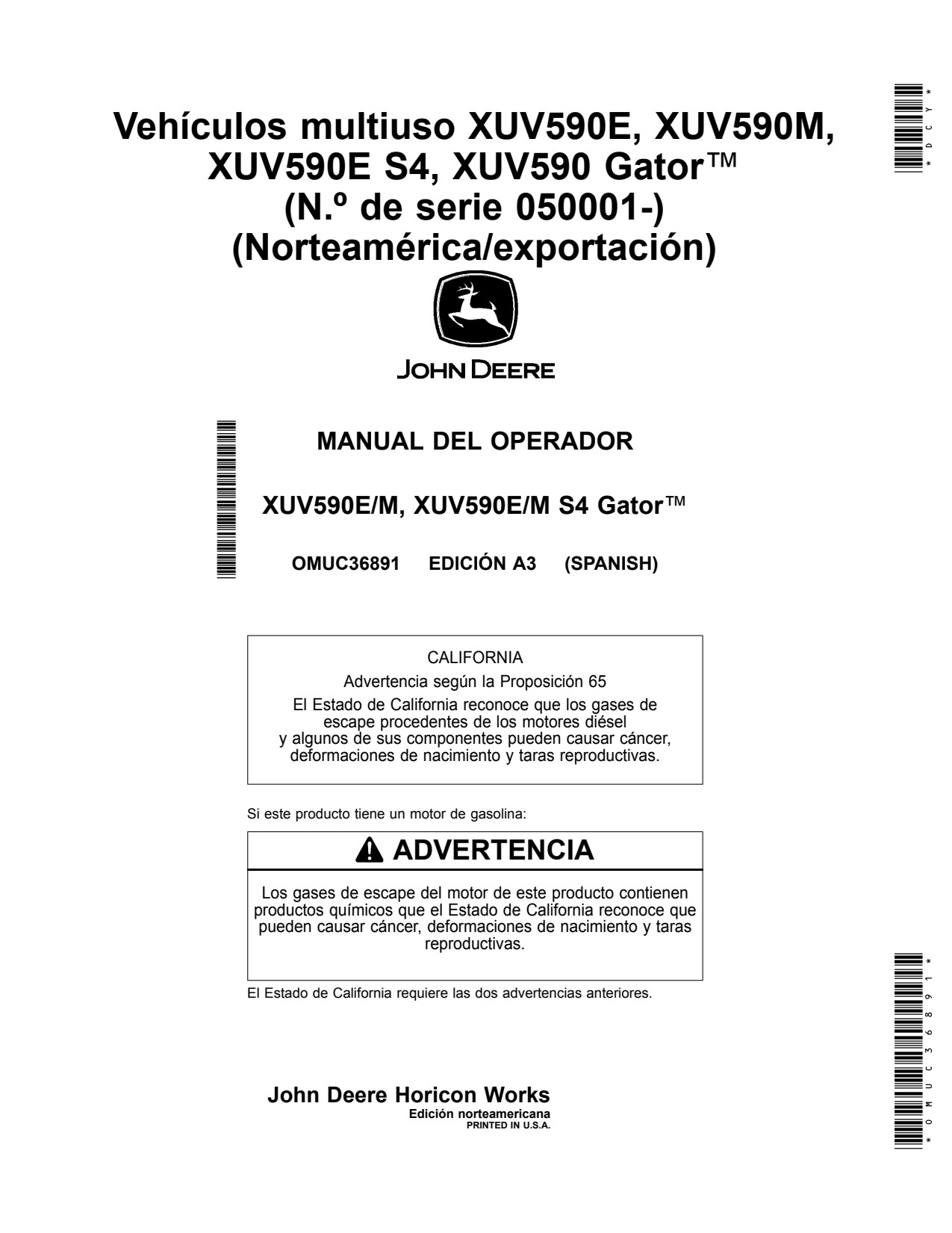 John Deere XUV 590M S4 590E XUV590E XUV590M XUV590 Utility Vehicle Gator Operator Manual OMUC36891 ES 1 John Deere XUV 590M S4 590E XUV590E XUV590M XUV590 Utility Vehicle Gator Operator Manual OMUC36891 ES