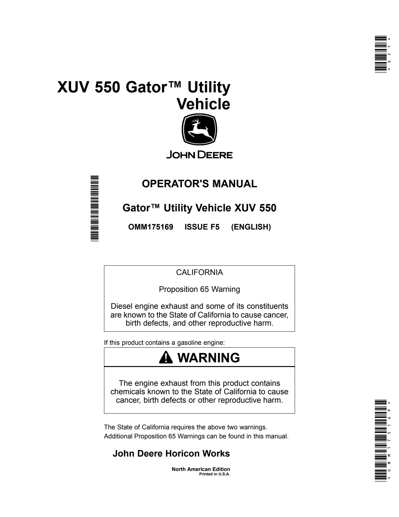 John Deere XUV550 Gator 550 Utility Vehicle Gator Operator Manual OMM175169 1 John Deere XUV550 Gator 550 Utility Vehicle Gator Operator Manual OMM175169