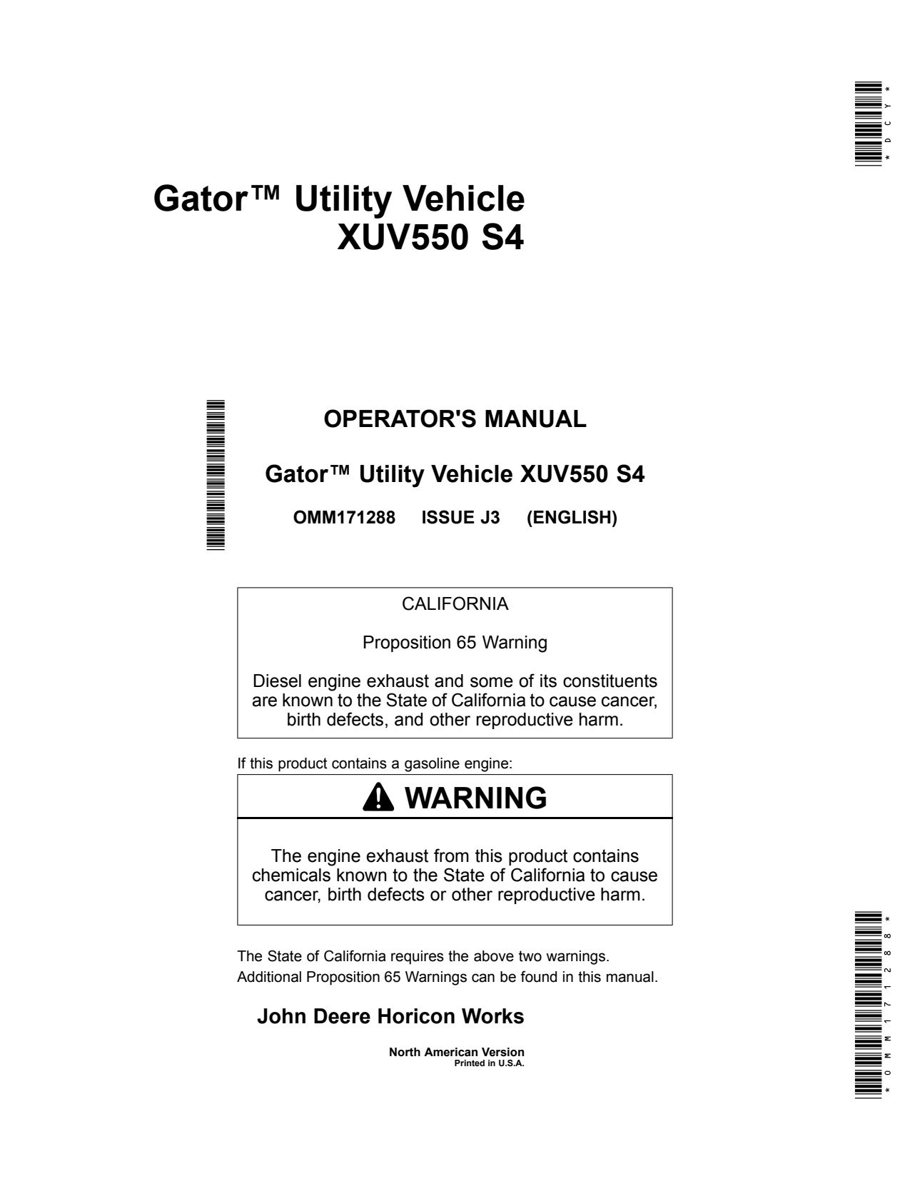 John Deere XUV550 S4 Gator 550 Utility Vehicle Gator Operator Manual OMM171288 1 John Deere XUV550 S4 Gator 550 Utility Vehicle Gator Operator Manual OMM171288