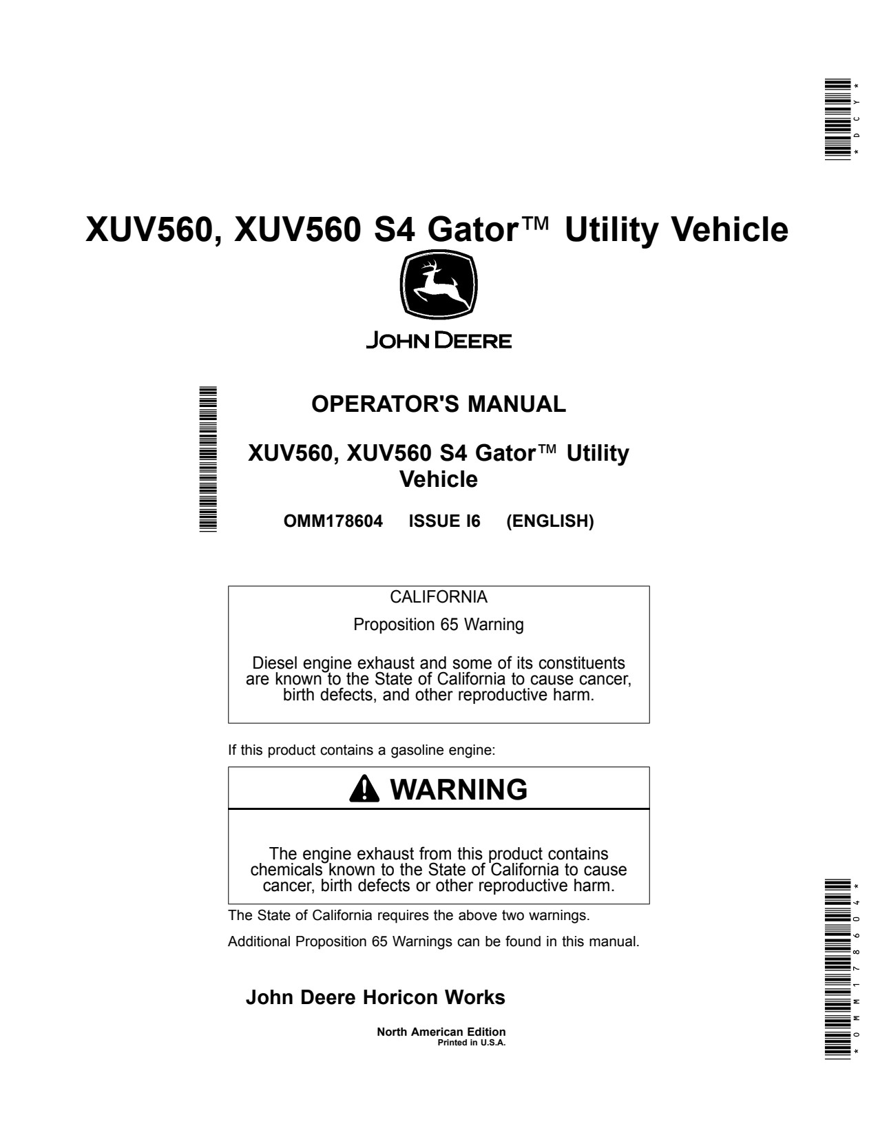 John Deere XUV560 XUV 560 S4 Utility Vehicle Gator Operator Manual OMM178604 1 John Deere XUV560 XUV 560 S4 Utility Vehicle Gator Operator Manual OMM178604