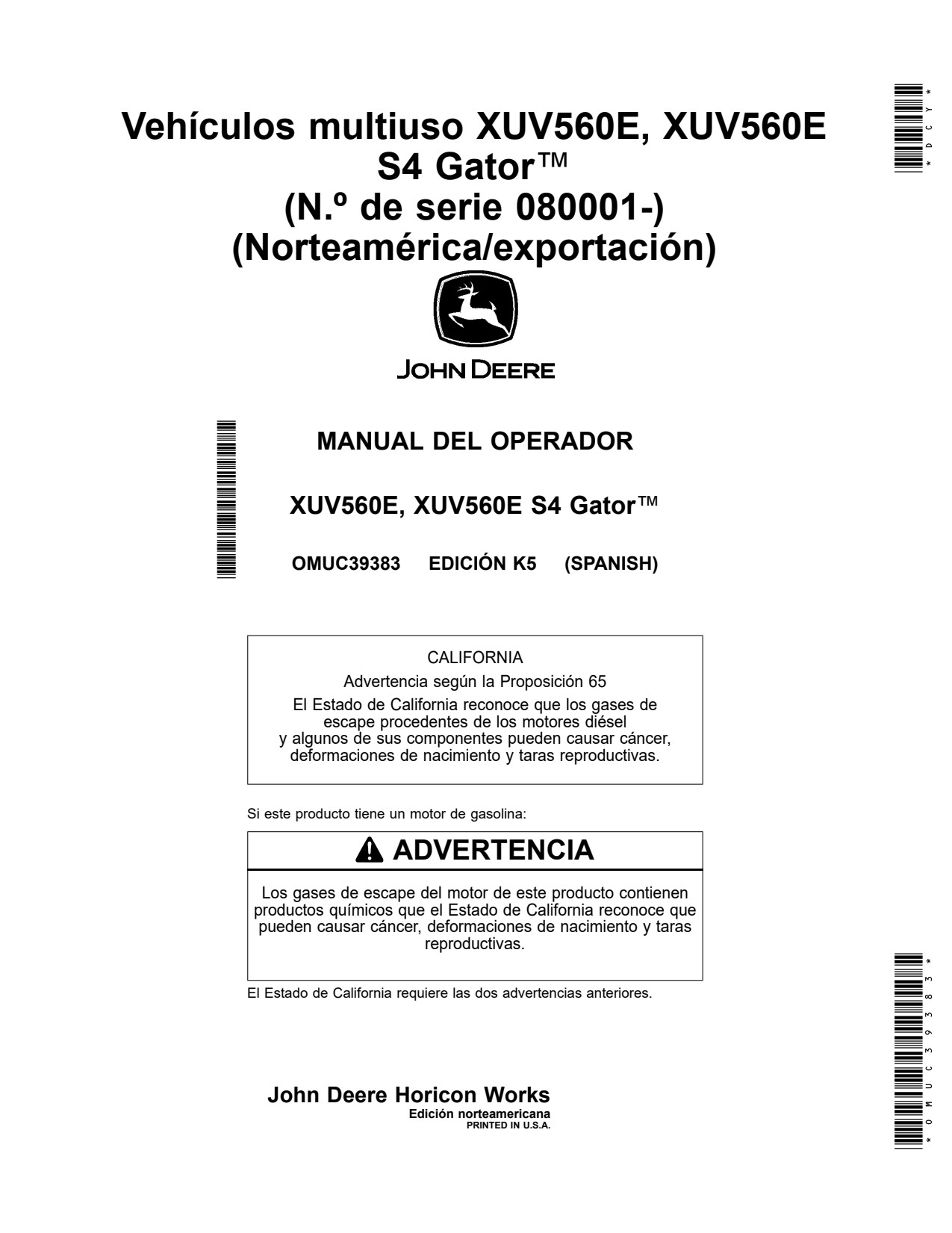 John Deere XUV560E S4 Utility Vehicle Gator Operator Manual OMUC39383 ES 1 John Deere XUV560E S4 Utility Vehicle Gator Operator Manual OMUC39383 ES