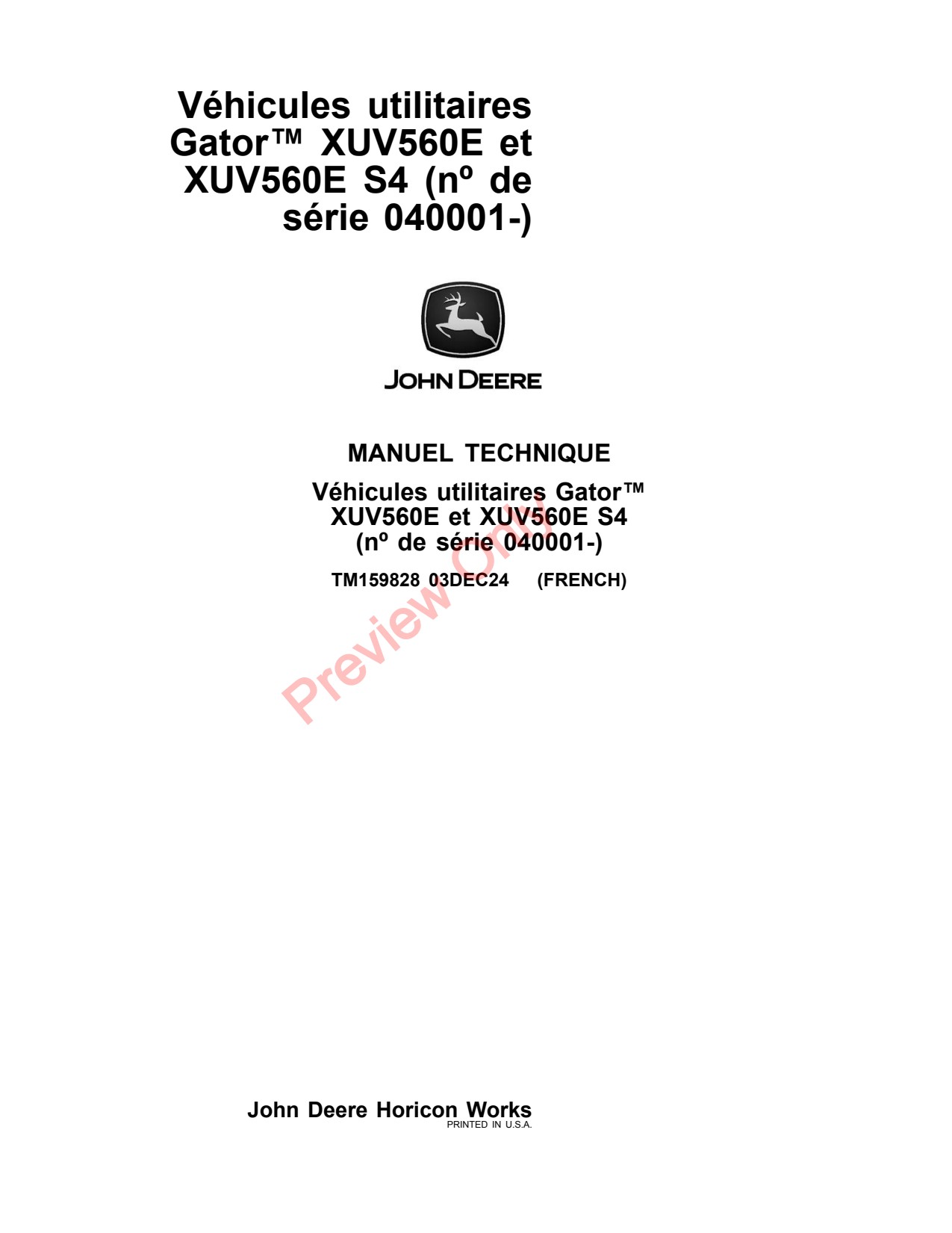 John Deere XUV560E S4 Utility Vehicle Gator Technical Manual TM159828 FR 1 John Deere XUV560E S4 Utility Vehicle Gator Technical Manual TM159828 FR