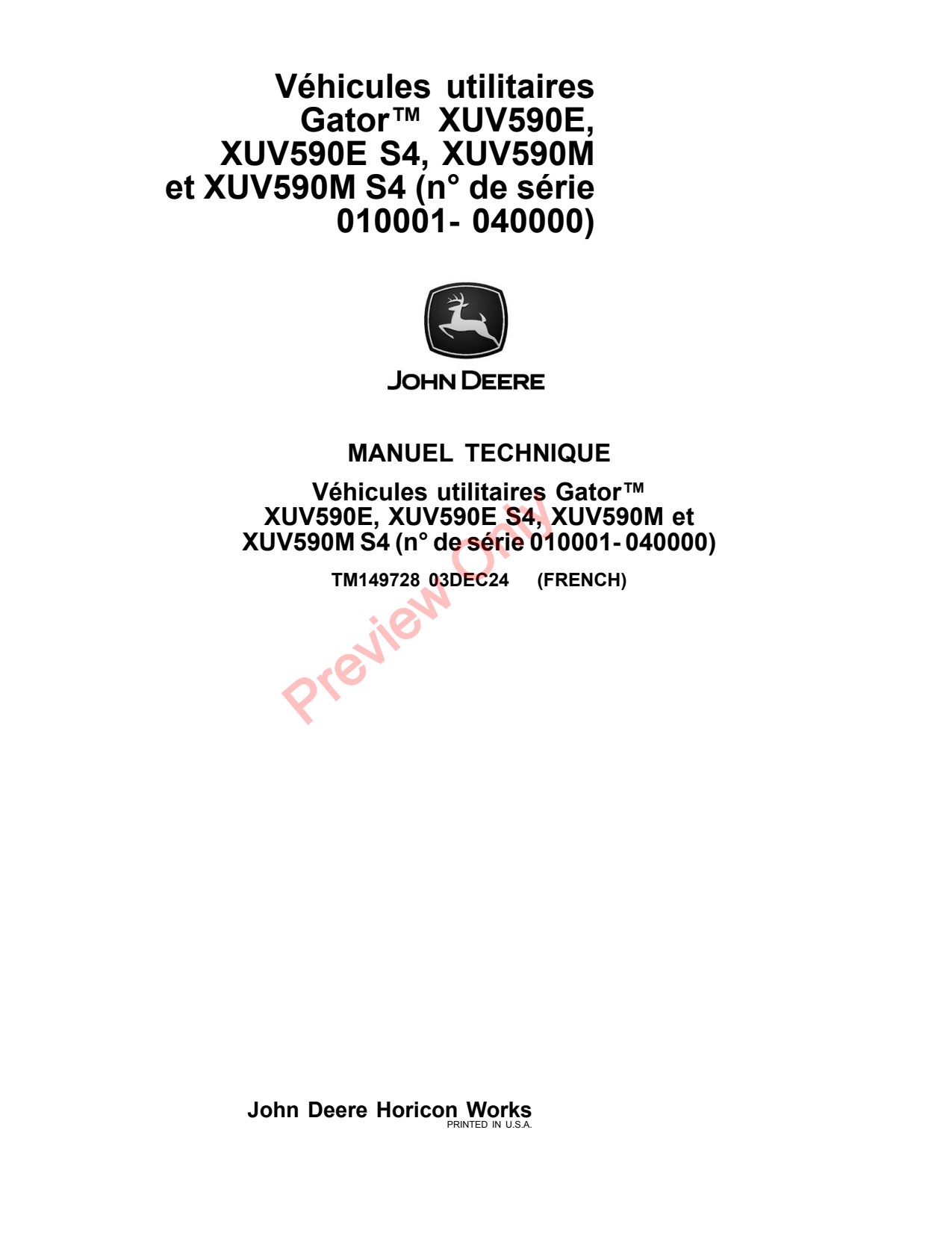 John Deere XUV590E S4 XUV590M Utility Vehicle Gator Technical Manual TM149728 FR 1 John Deere XUV590E S4 XUV590M Utility Vehicle Gator Technical Manual TM149728 FR