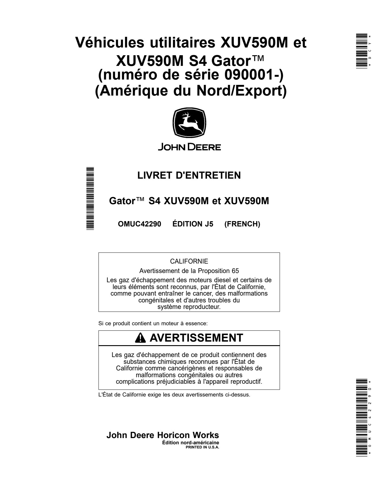 John Deere XUV590M S4 Utility Vehicle Gator Operator Manual OMUC42290 FR 1 John Deere XUV590M S4 Utility Vehicle Gator Operator Manual OMUC42290 FR