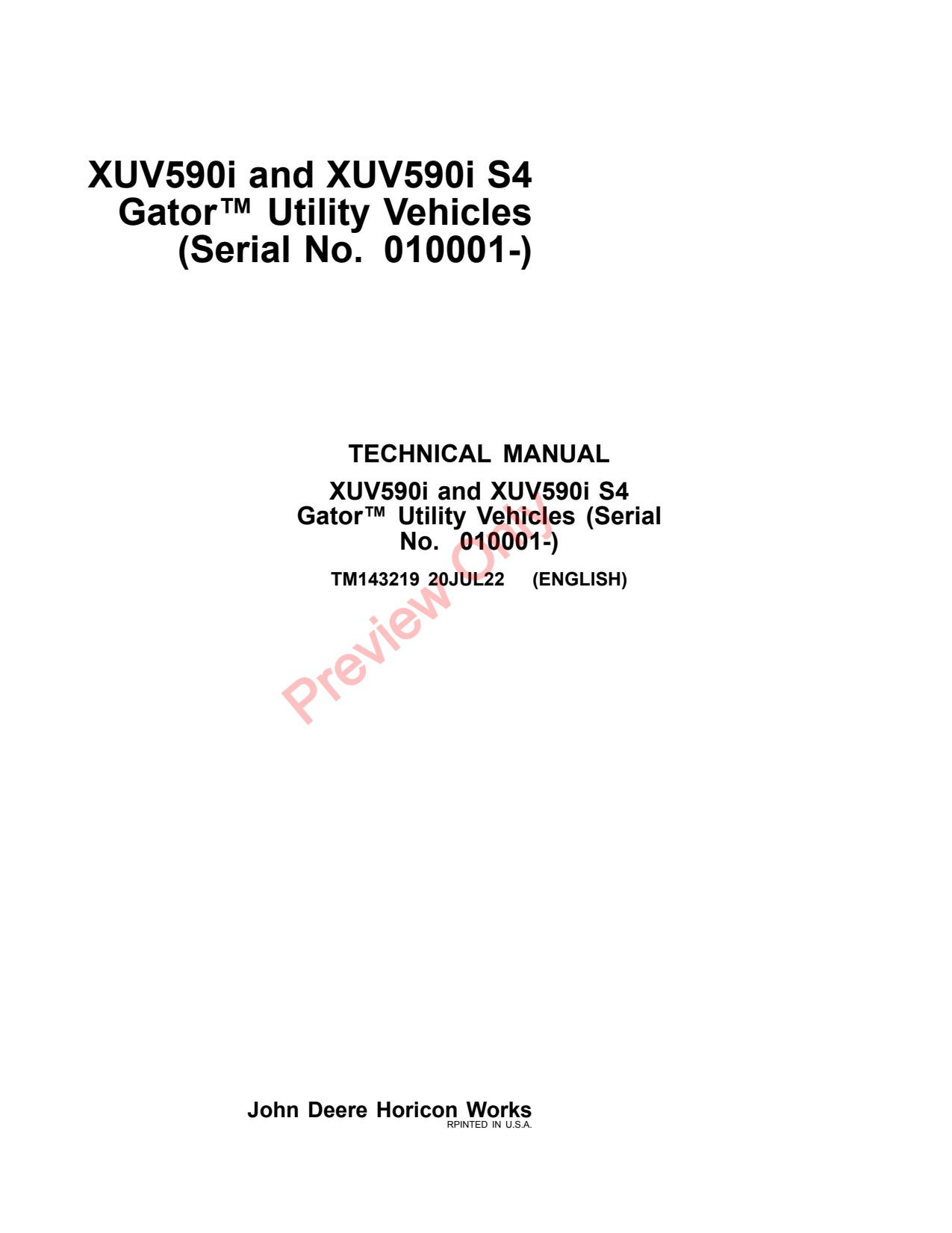 John Deere XUV590i S4 Utility Vehicle Gator Technical Manual TM143219 1 John Deere XUV590i S4 Utility Vehicle Gator Technical Manual TM143219